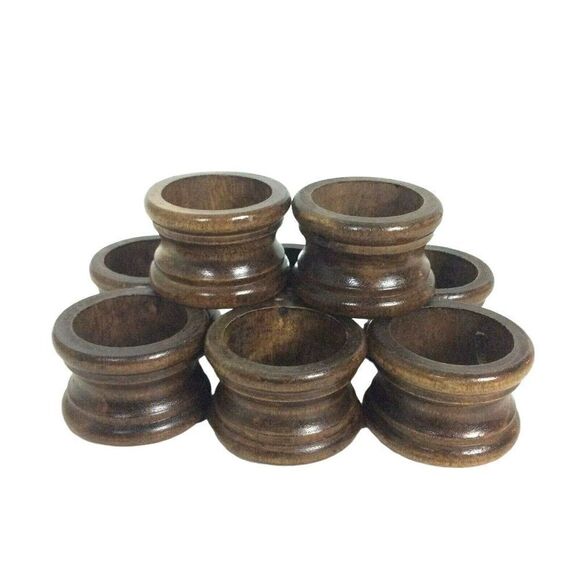 Turned Wood Napkin Rings Set Of 8 Brown Made In Taiwan Vintage 70s - Picture 1 of 4